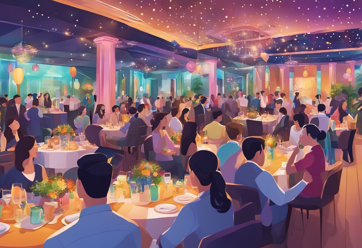 A vibrant party venue in Singapore with colorful decor, lively music, and a bustling atmosphere. Tables are adorned with festive centerpieces and guests are seen mingling and enjoying themselves