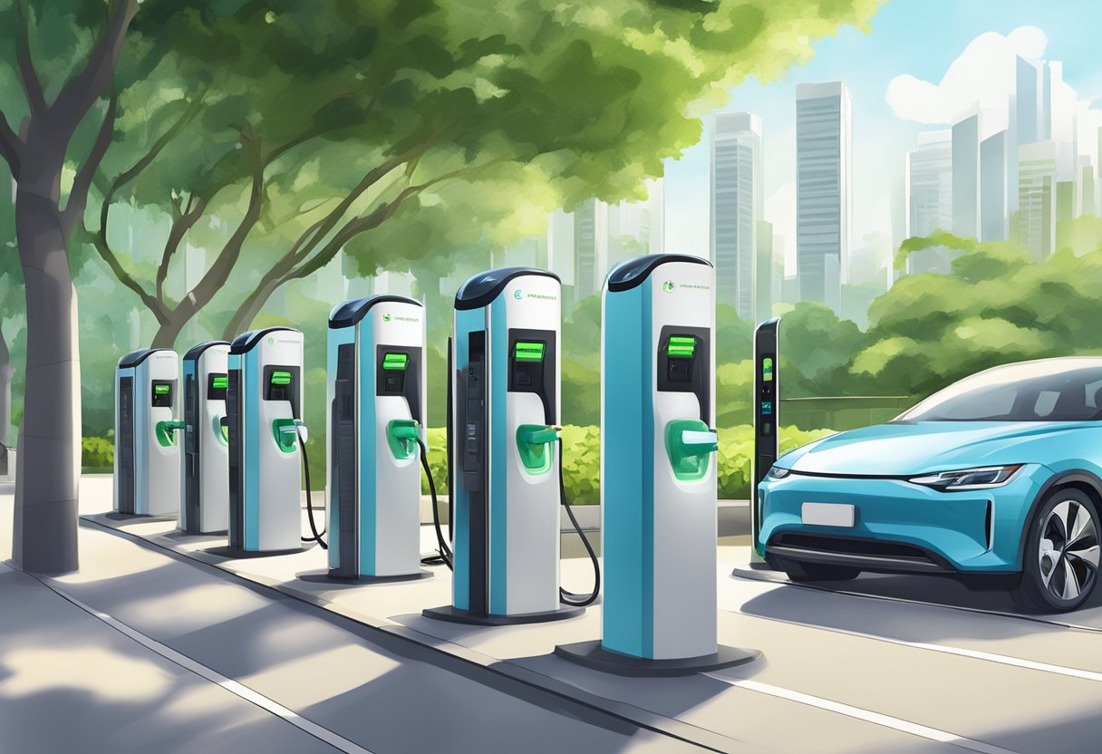 A row of EV charging stations in Singapore, with cars plugged in, surrounded by greenery and modern buildings in the background