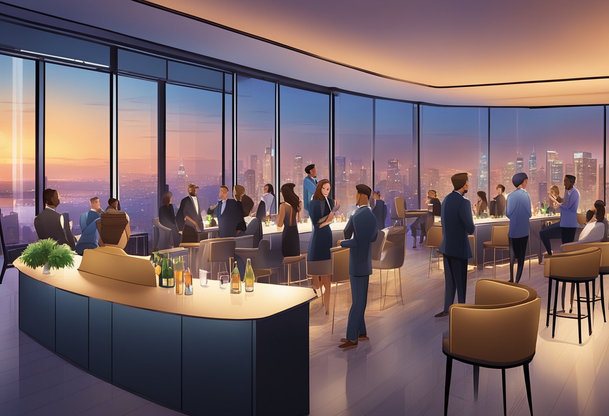Guests mingle in a modern event space with sleek furniture, vibrant lighting, and a panoramic city view. A bar and dance floor add to the lively atmosphere
