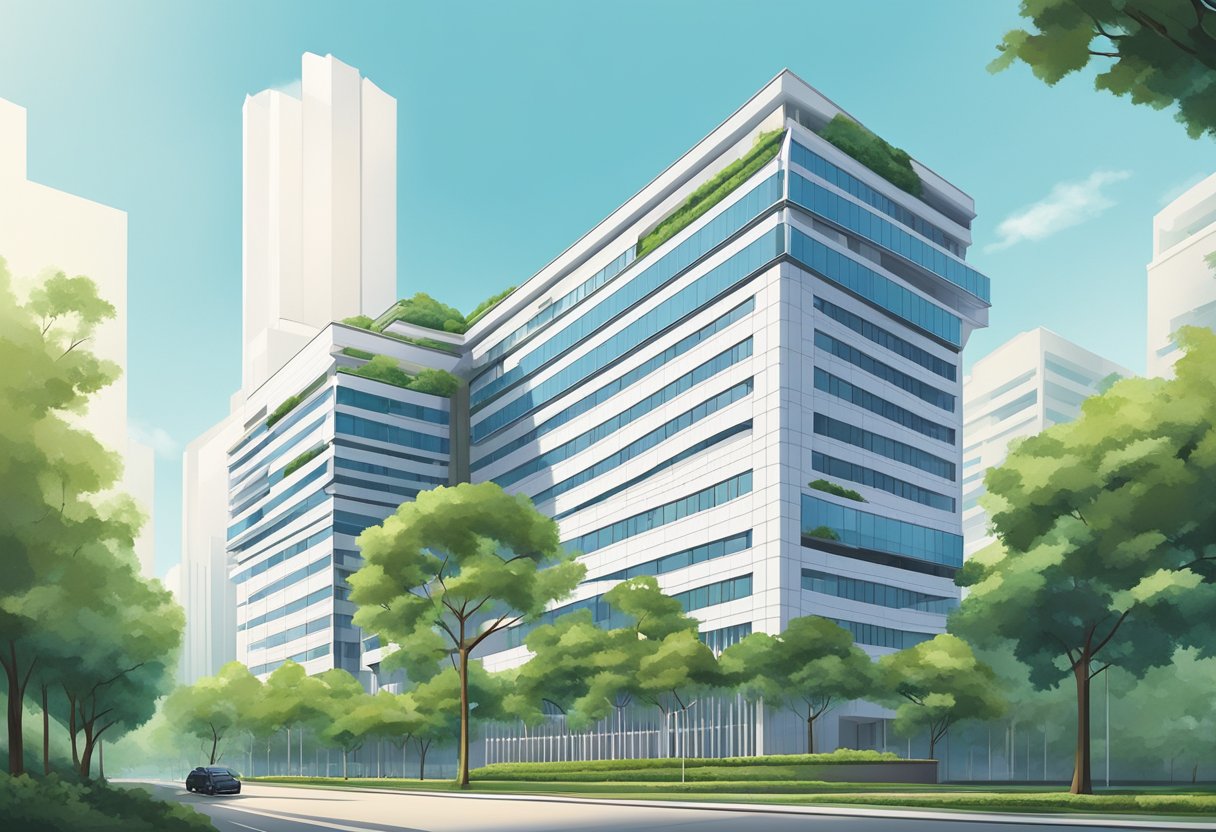 The Ministry of Education building in Singapore stands tall and modern, with clean lines and a sleek facade. Surrounding it are lush green trees and a clear blue sky, creating a sense of harmony and progress