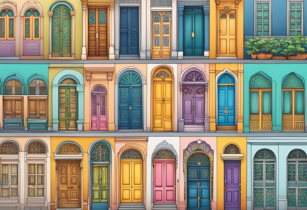 A row of colorful doors in Singapore, each adorned with intricate designs and patterns, creating a vibrant and inviting scene