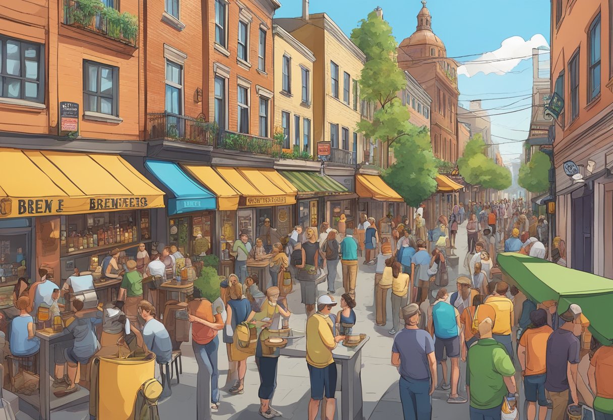A bustling street lined with colorful craft beer bars and breweries, filled with locals and tourists enjoying a diverse selection of brews