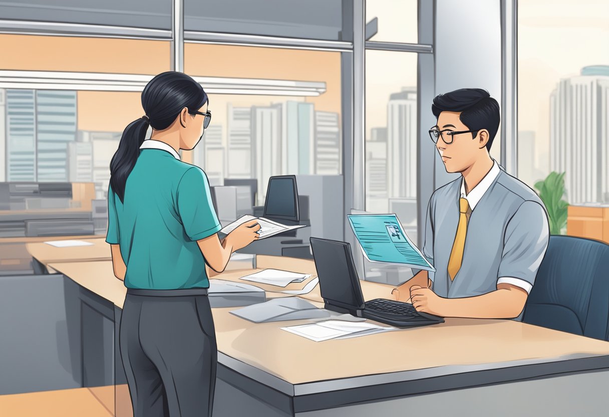 A person submitting documents at a government office for Singapore driving license conversion