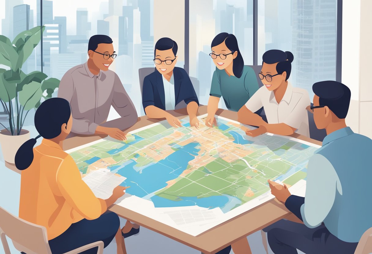 A group of diverse individuals gather around a table, brainstorming and sharing ideas. A map of Singapore is prominently displayed, symbolizing the vision and leadership of the Ministry of Education