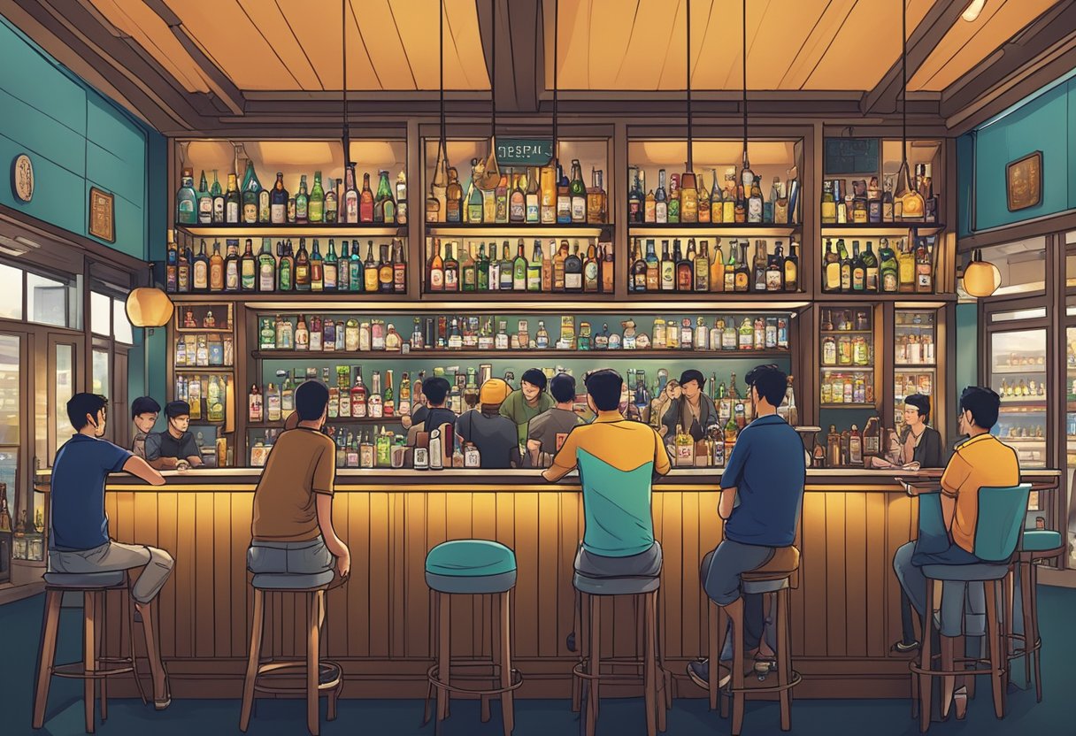 A bustling bar with diverse beer selection, lively conversations, and vibrant atmosphere in Singapore