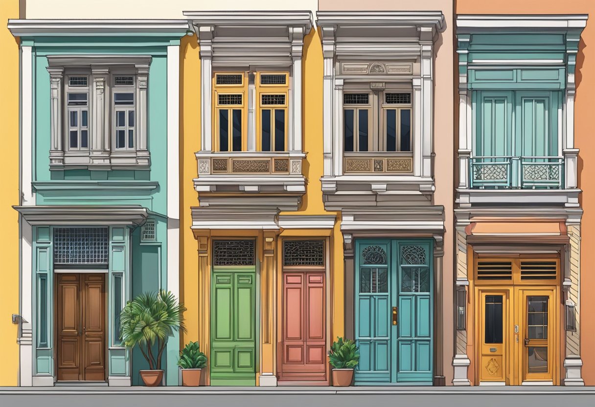 Various doors in Singapore: traditional wooden, modern glass, ornate metal, and colorful shophouse