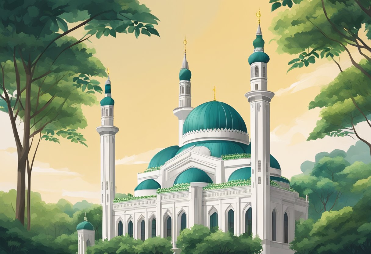 The Masjid Bencoolen in Singapore stands tall with its elegant dome and minarets, surrounded by lush greenery and intricate architectural details