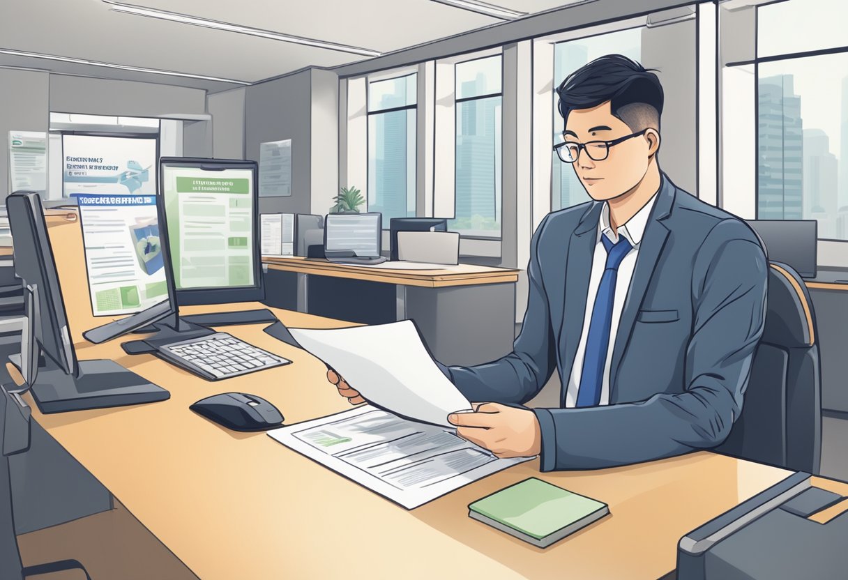 A person submitting documents at a government office, with a sign reading "Frequently Asked Questions: Singapore Driving License Conversion."