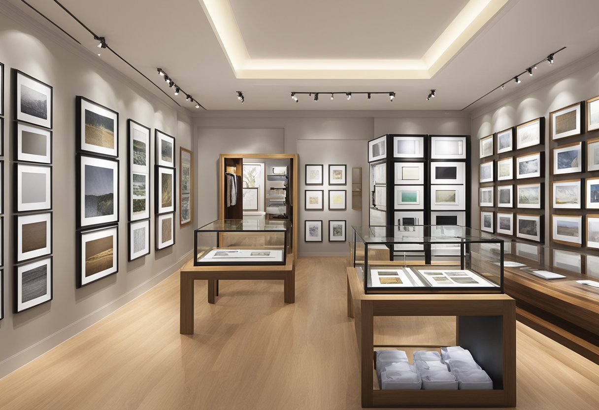 Various picture frames on display in a Singapore store, including wooden, metal, and acrylic options