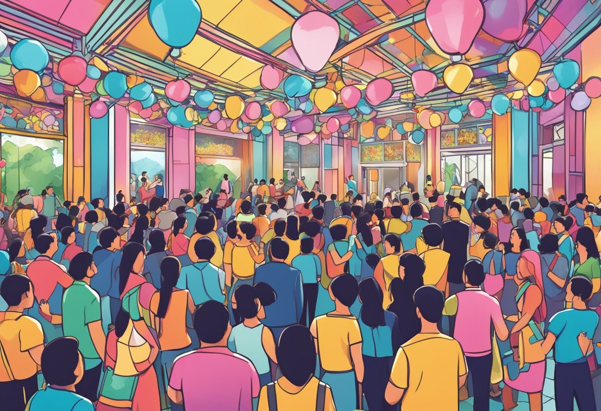 A lively party venue in Singapore with colorful decorations, music, and a bustling crowd enjoying themselves