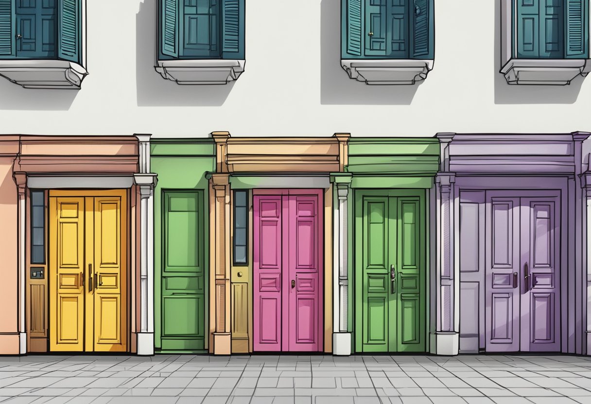 A row of colorful doors with "Frequently Asked Questions" signs in Singapore