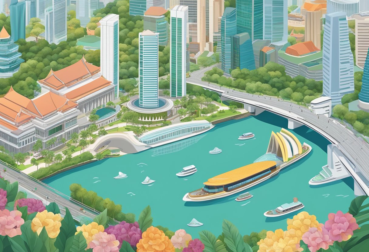 A bustling Singapore skyline with iconic landmarks like the Marina Bay Sands, Gardens by the Bay, and the Merlion statue