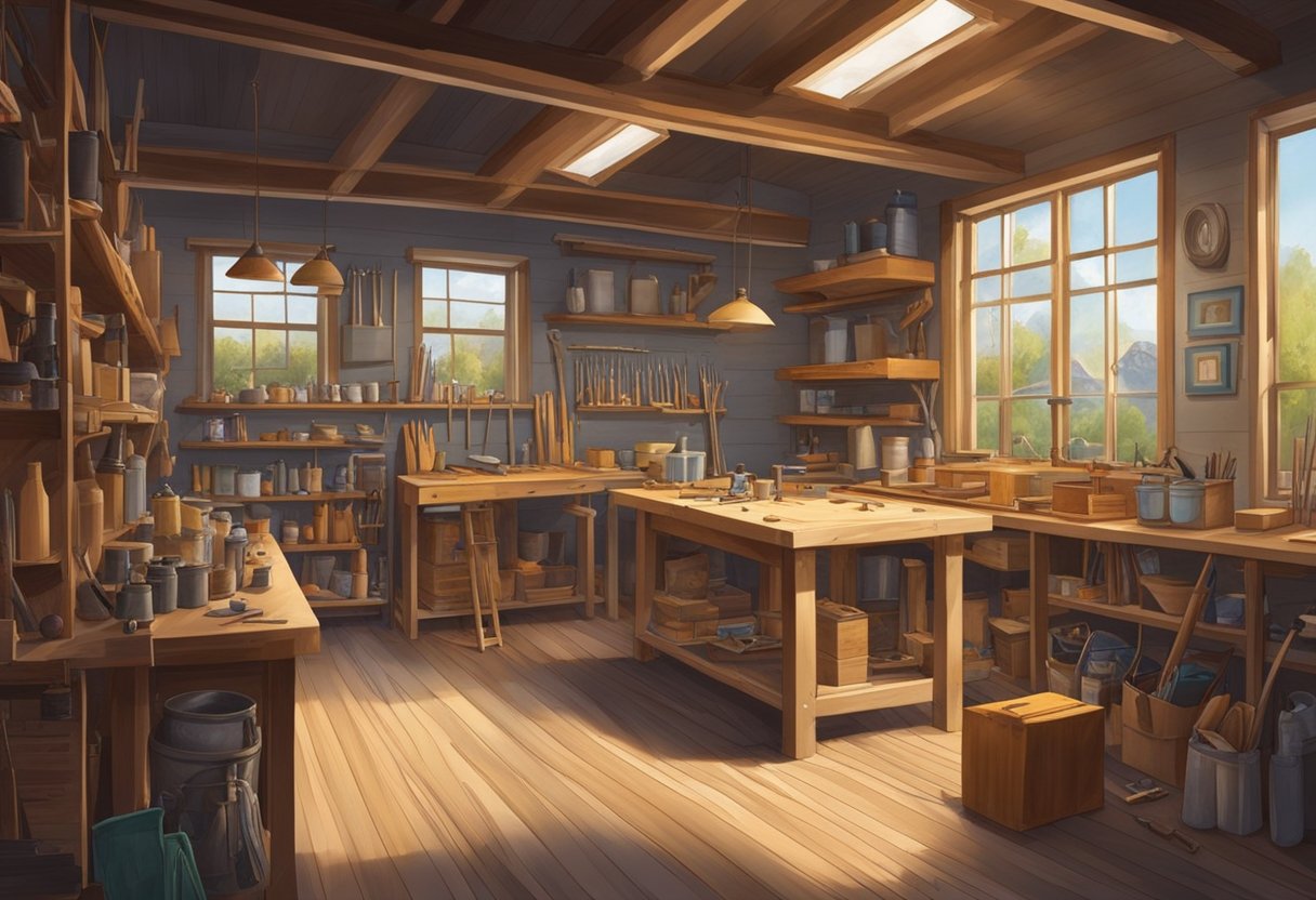 A well-lit workshop with various framing tools and materials neatly organized on shelves and workbenches. A skilled framer is meticulously measuring and cutting a custom frame