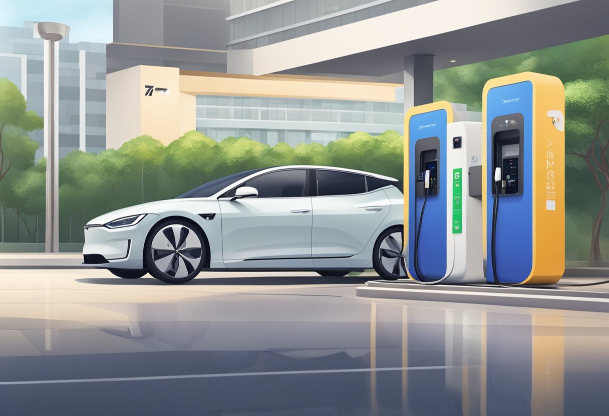 An electric car is parked at a charging station in Singapore, with the vehicle connected to the charging station via a cable. The surrounding area is clean and modern, with clear signage indicating the purpose of the station