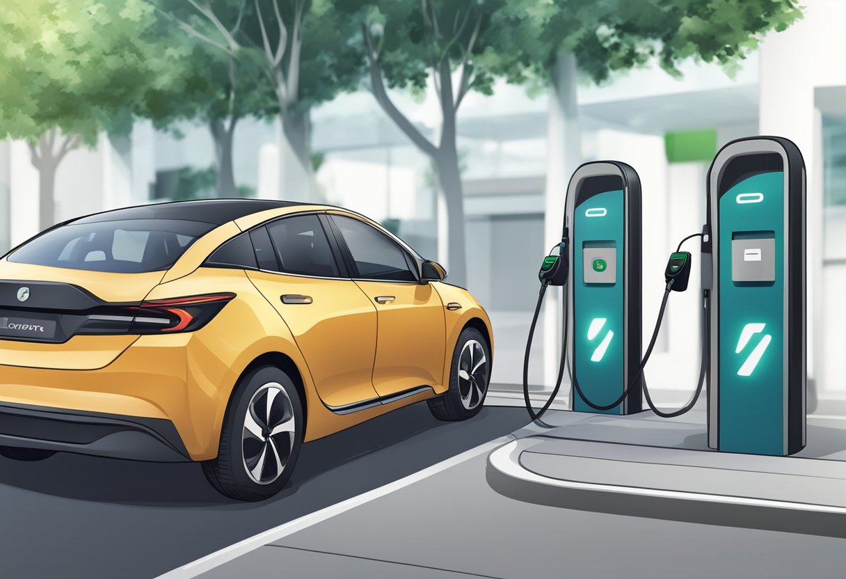 An electric car is parked at a charging station in Singapore, with the car plugged into the charging port and the station displaying the charging status