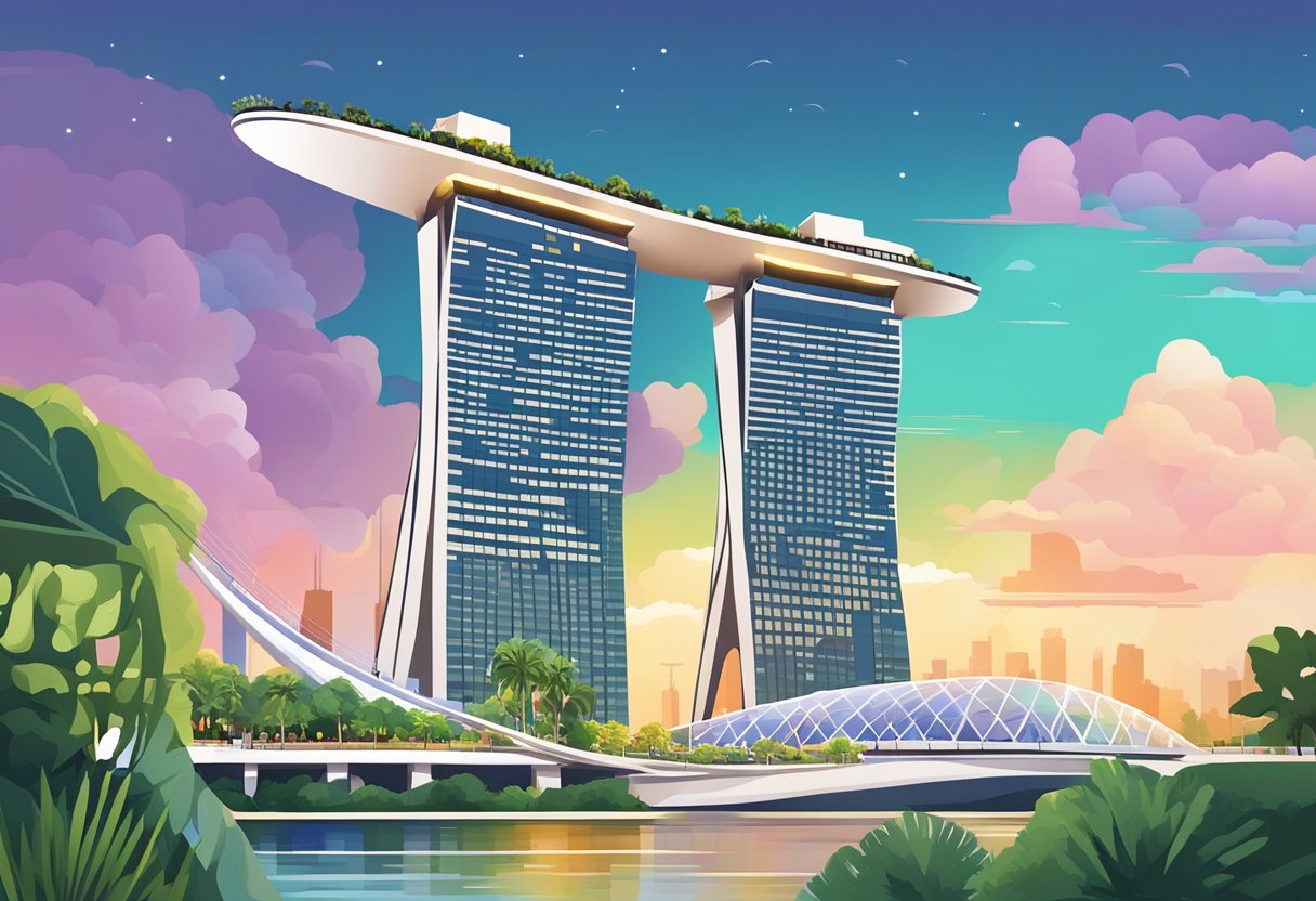 The iconic Marina Bay Sands, Gardens by the Bay, and Merlion statue stand against the Singapore skyline, with bustling streets and vibrant city life in the background