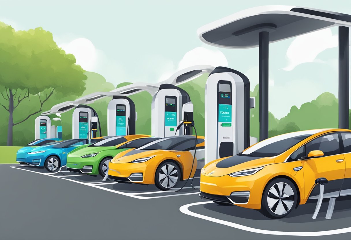 Several electric vehicles are parked at charging stations in Singapore. The stations are equipped with modern technology and signage for easy use