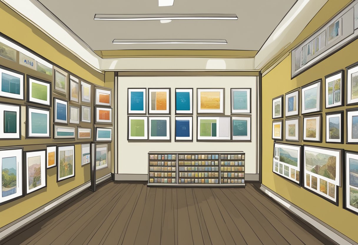 A display of various picture frames in a Singapore store, with labels indicating "Frequently Asked Questions" for customers
