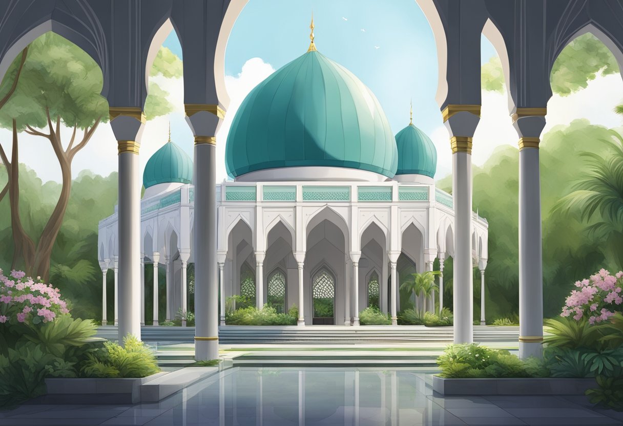 The Masjid Bencoolen in Singapore features a grand domed structure with intricate archways and minarets, surrounded by lush greenery and a peaceful courtyard
