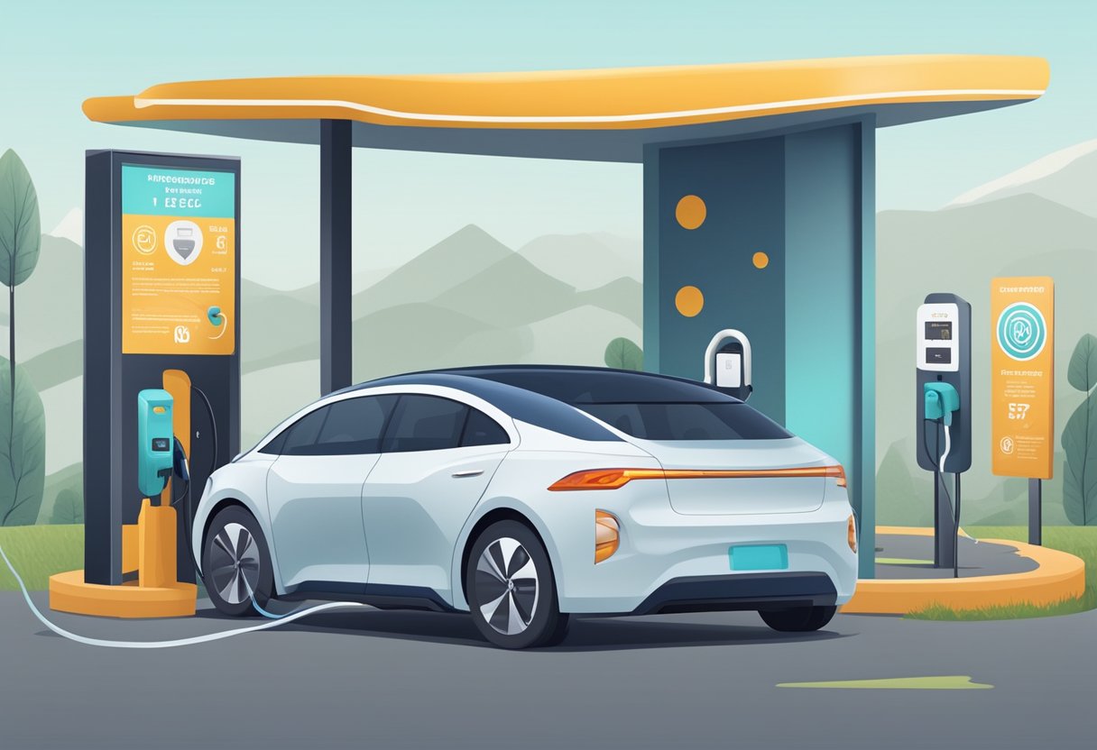 An electric car parked at a charging station, with a plug inserted into the vehicle's charging port, surrounded by signs and instructions