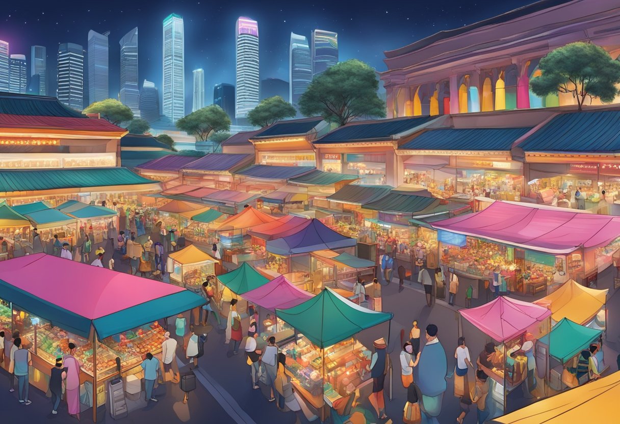 A bustling night market with colorful lights and lively music, surrounded by iconic Singapore landmarks