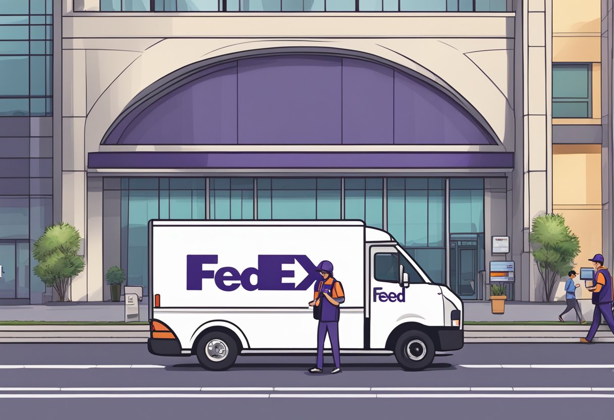 A FedEx delivery truck parked outside a modern Singaporean building, with a delivery person scanning packages with a handheld device