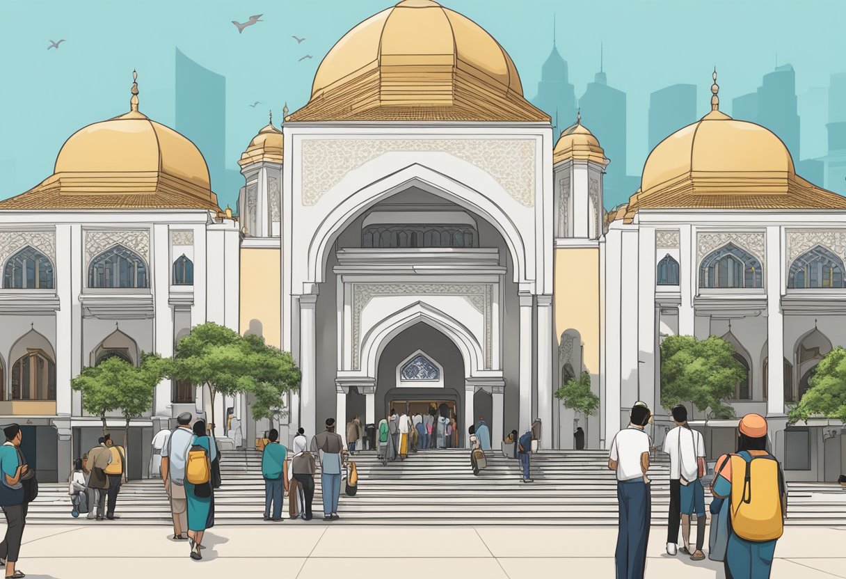 People gathering at the entrance of Masjid Bencoolen, Singapore, with a sign displaying "Frequently Asked Questions" in the foreground