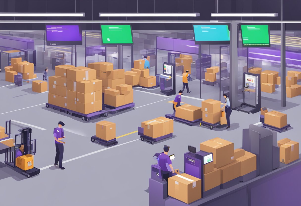 A FedEx package being scanned by a tracking device in a bustling Singaporean logistics center