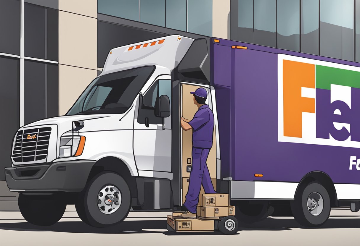 A FedEx delivery truck parked outside a modern office building, with a courier unloading packages onto a dolly. The FedEx logo is prominently displayed on the truck and the courier's uniform