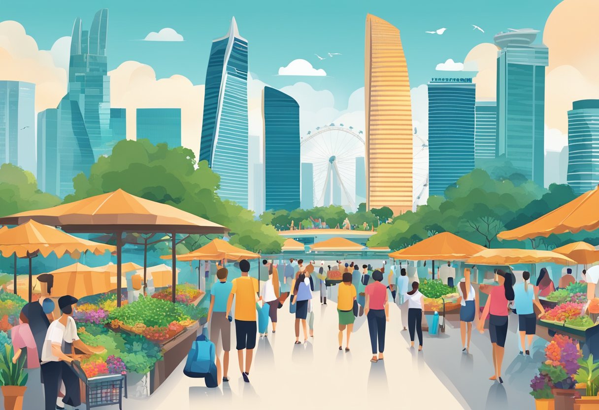 A bustling city skyline with iconic landmarks like the Marina Bay Sands and the Gardens by the Bay, with tourists and locals exploring the vibrant streets and bustling markets