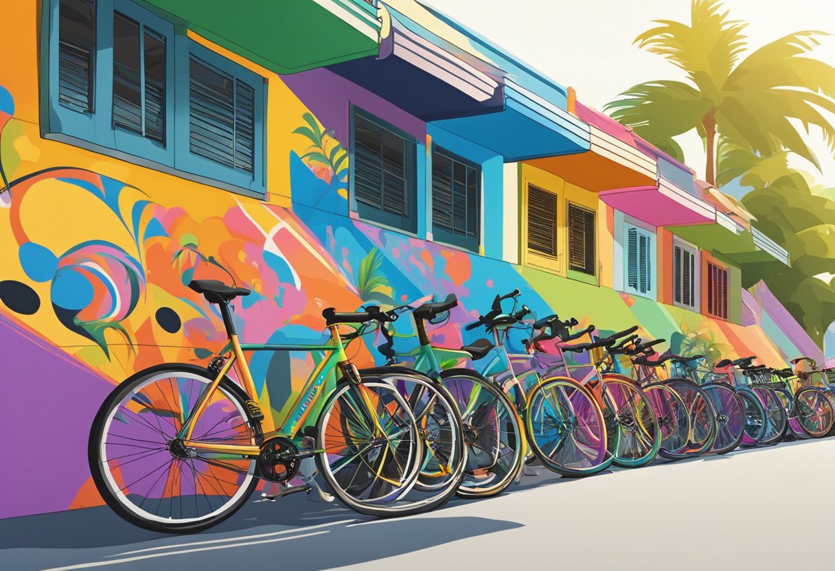 Brightly colored fixie bikes line the streets of Singapore, with vibrant graffiti-covered walls as a backdrop. Palm trees sway in the breeze under the warm tropical sun