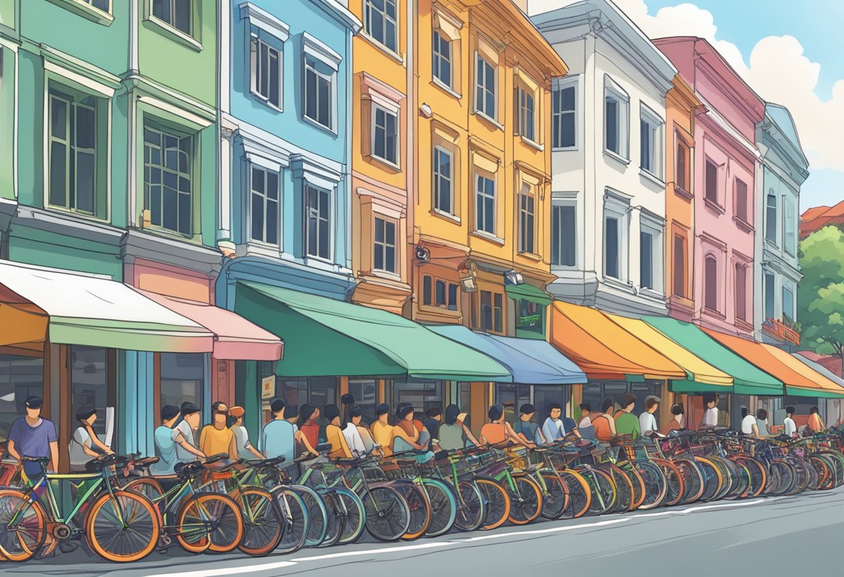 A bustling street in Singapore, with colorful fixie bikes lined up outside trendy cafes and shops, showcasing the city's love for urban cycling