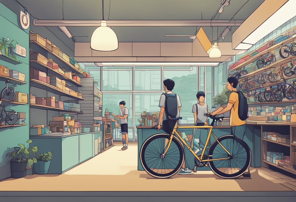 A fixie bike shop in Singapore, with customers browsing and asking questions to staff