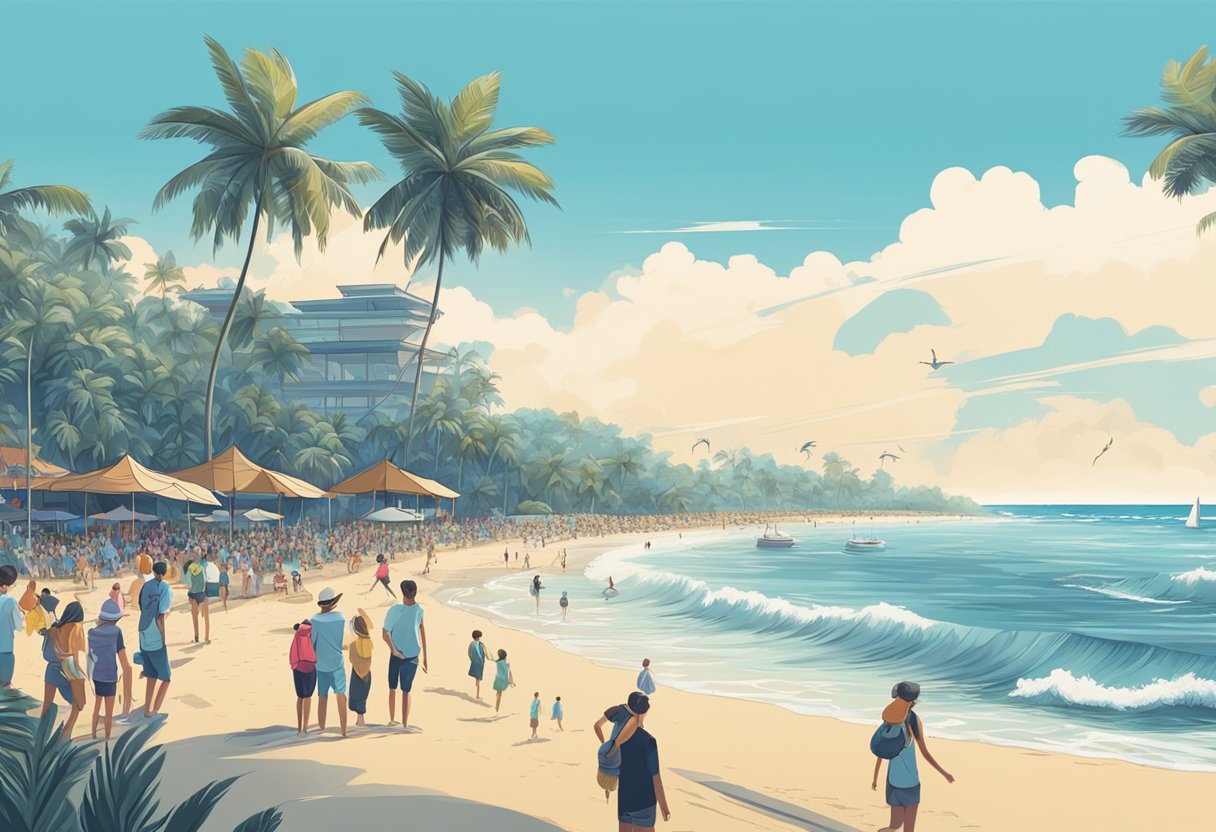 A crowded beach with palm trees, a clear blue sky, and waves crashing on the shore at Rip Curl Singapore