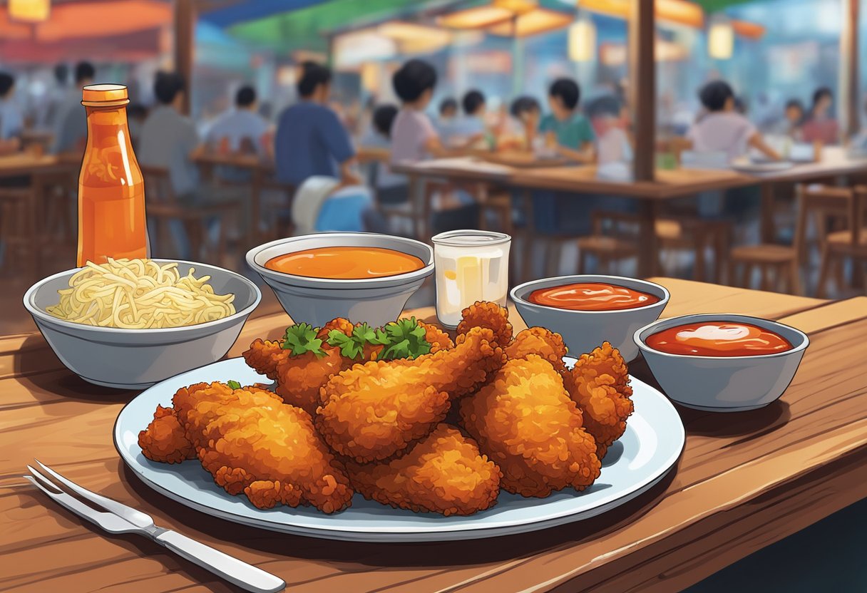 A plate of crispy fried chicken with chili sauce on a wooden table in a bustling hawker center in Singapore