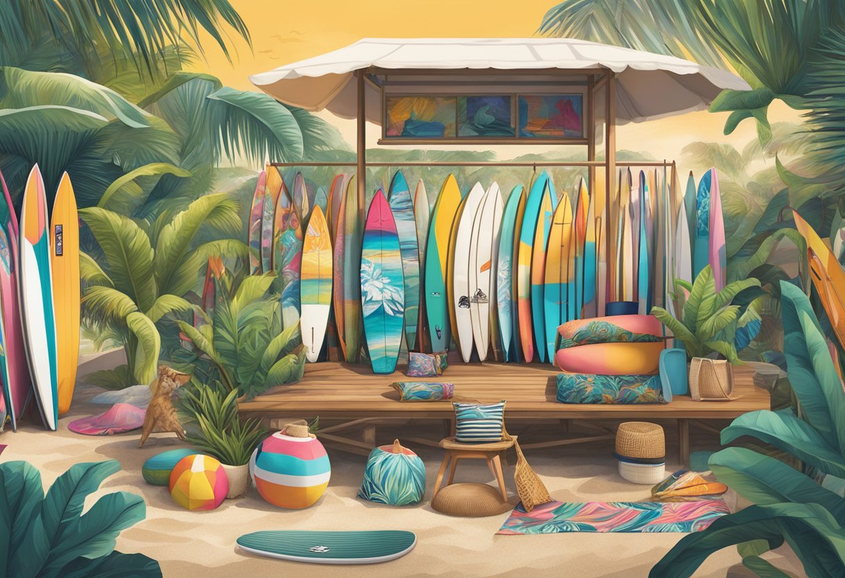 Rip Curl Singapore's collection displayed in a vibrant, beach-themed setting with surfboards, bikinis, and colorful swimwear