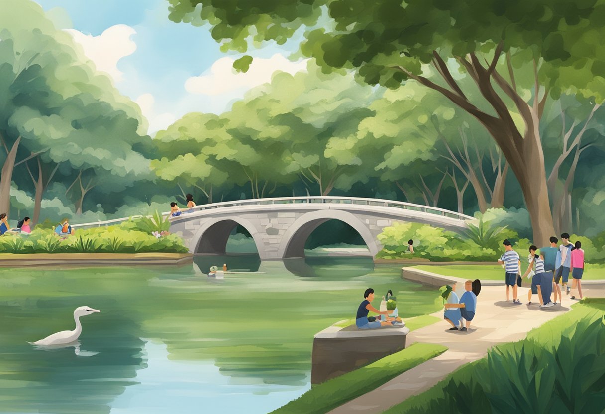 Lush greenery surrounds a tranquil pond with a stone bridge, while families picnic and play in the open grassy areas of Fort Canning Park, Singapore