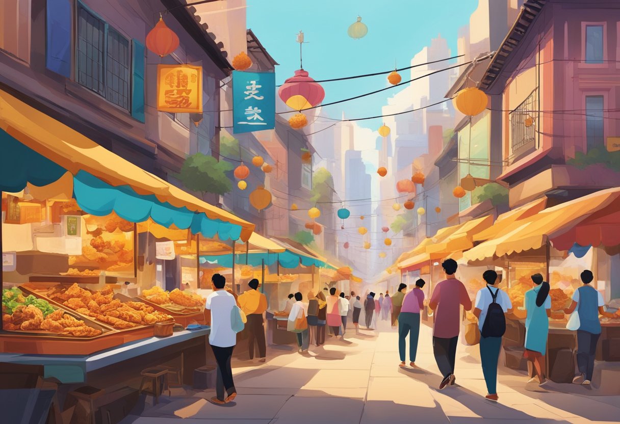 A bustling street lined with colorful food stalls, each boasting their own unique take on crispy, golden fried chicken. The aroma of sizzling oil and fragrant spices fills the air as locals and tourists alike sample the city's diverse fried chicken offerings