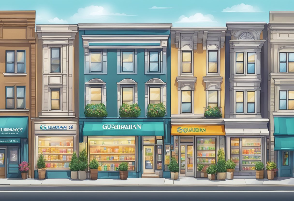 A row of Guardian Pharmacy store locations, featuring bright signage and clean storefronts, lined up along a bustling city street