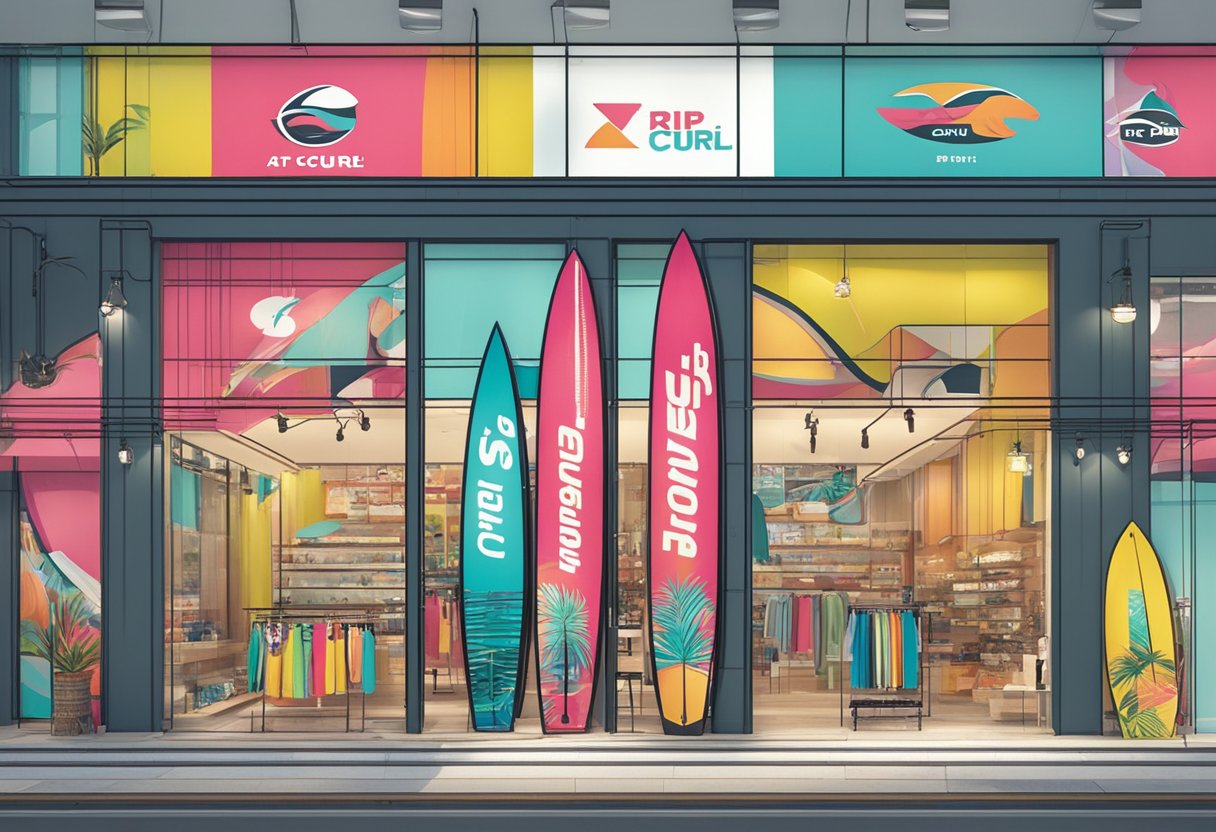 Brightly colored banners and signs display "Promotions and Offers" at Rip Curl Singapore. Surfboards and beachwear are showcased in the storefront windows