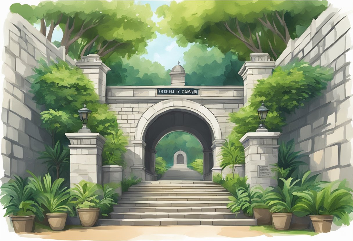 Lush greenery surrounds a stone staircase leading to a historical fort entrance, with a sign displaying "Frequently Asked Questions fort canning park singapore"