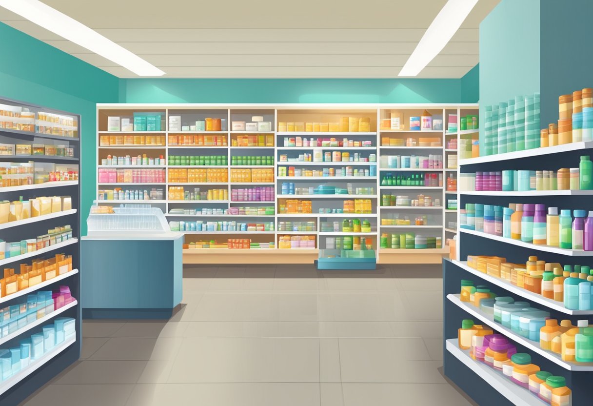 A bright, modern pharmacy with shelves stocked full of health products and medications. The counter is staffed by friendly professionals ready to assist customers