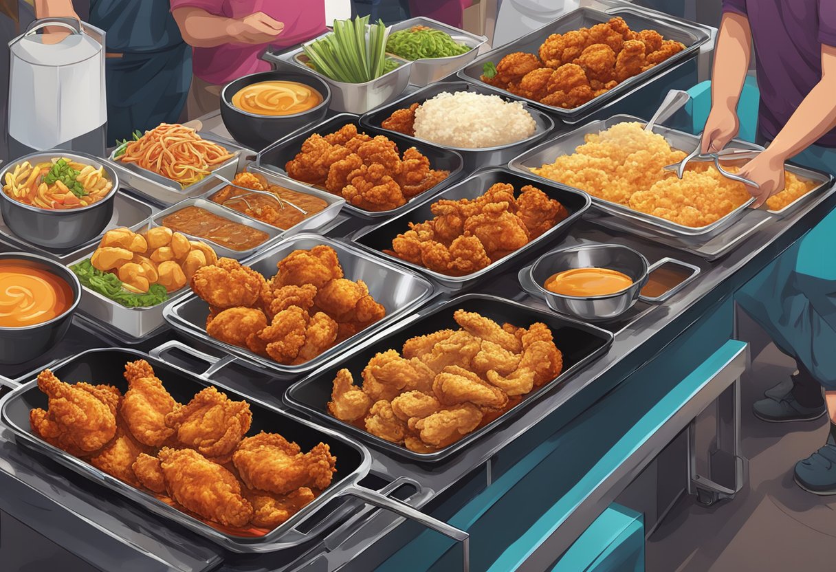 A sizzling hot plate of specialty fried chicken with innovative flavors, served in a vibrant Singaporean street food market