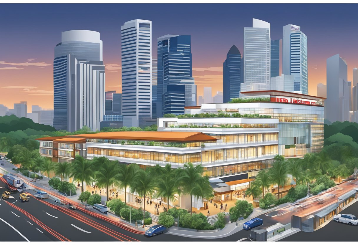 The ibis Singapore hotel stands tall against the city skyline, with its modern architecture and sleek design. The surrounding streets are bustling with activity as people go about their day