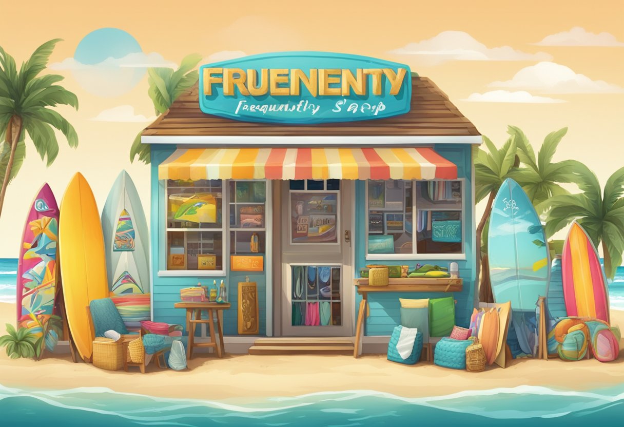 A colorful surf shop with a prominent "Frequently Asked Questions" sign, surrounded by beach gear and surfboards