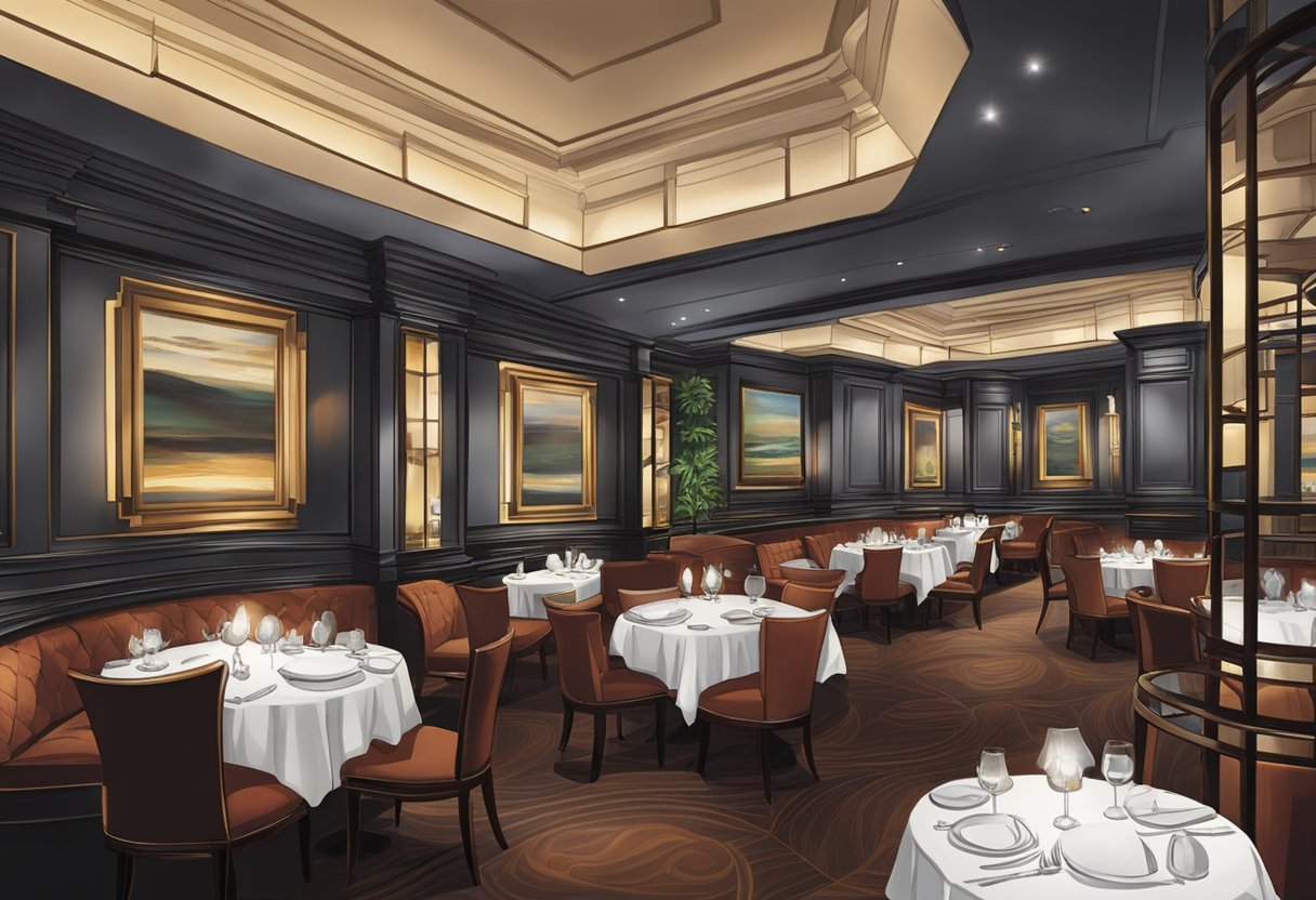 The elegant interior of Ruth's Chris Steak House in Singapore, with dim lighting, plush seating, and a bustling atmosphere