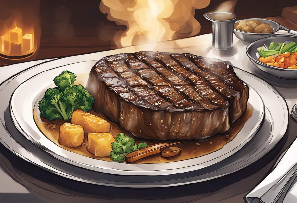 Sizzling steak on a hot plate, steaming sides, elegant table setting, and dimly lit ambiance at Ruth's Chris in Singapore