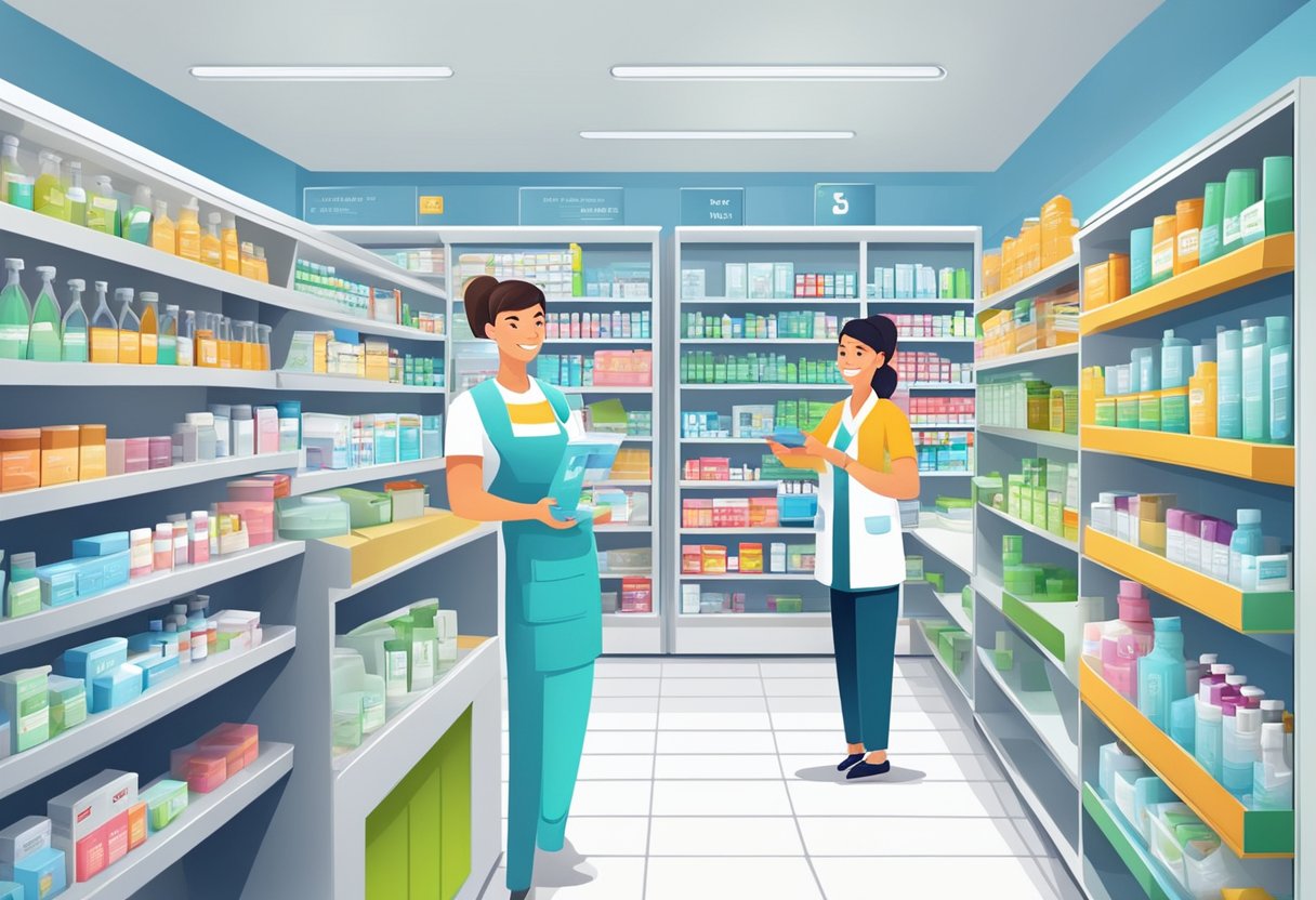 A bright, modern pharmacy with shelves of products and a friendly staff assisting customers with their questions