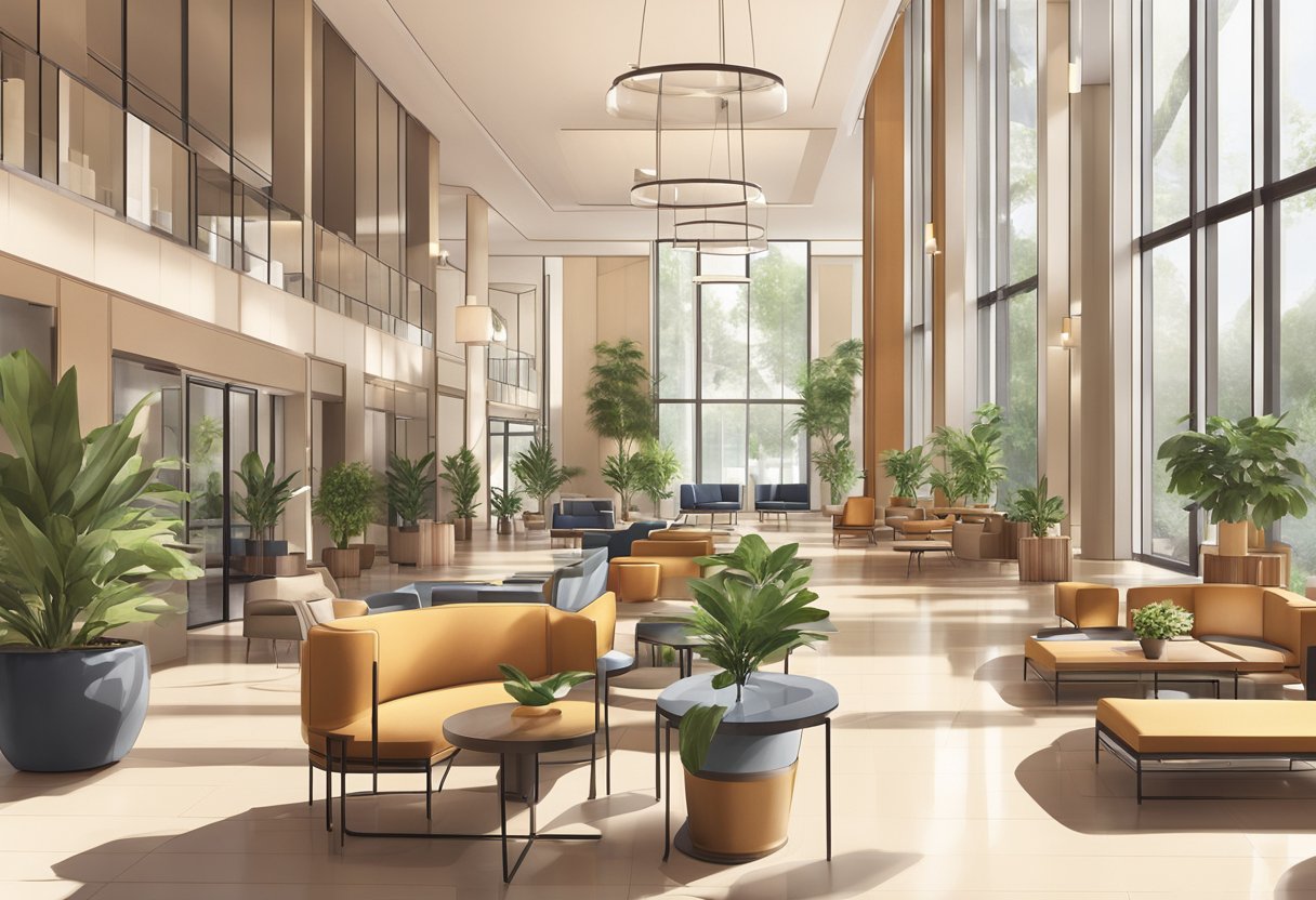 The hotel lobby is modern and spacious, with sleek furniture and a warm color scheme. Large windows let in plenty of natural light, and there are potted plants scattered throughout the space