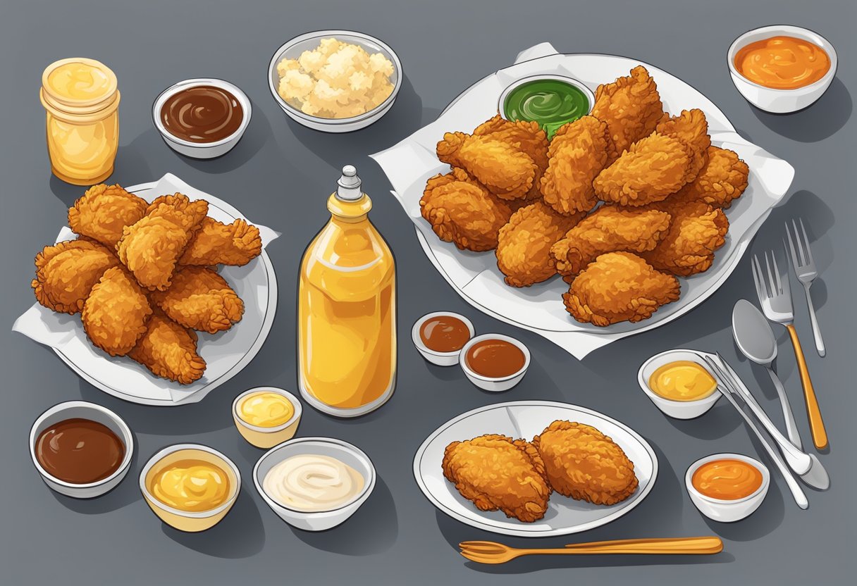 A table with a plate of golden fried chicken, surrounded by small bowls of dipping sauces, napkins, and utensils